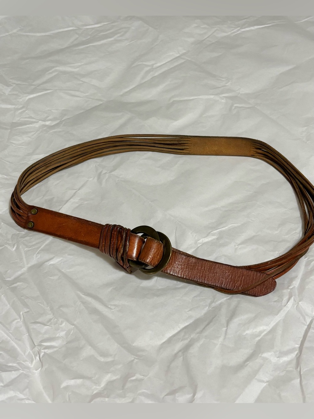 Genuine Leather Boho Double Ring Belt Brown Multi-Strand Fringe Style S/M